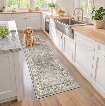 2x6 Washable Hallway Runner Rug - Kitchen Rugs with Non Slip Backing Vintage Soft Farmhouse Entryway Mat for Living Room Laundry Bedroom, Bathroom Ivory/Grey