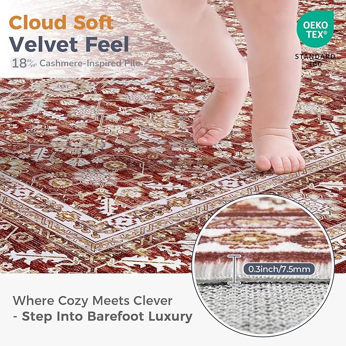 OPPODREAM Vintage Red Area Rugs 4x6, 4 x 6 Retro Washable Rug Non Slip, Low-Pile Faux Wool Carpet, Distressed Floor Mat for Living Room, Bedroom, Kitchen, Office, Dorm, Dinning Room
