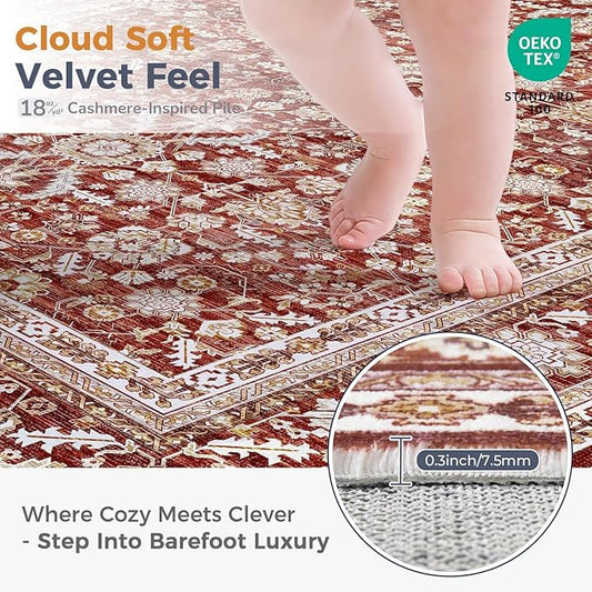 OPPODREAM Vintage Red Area Rugs 4x6, 4 x 6 Retro Washable Rug Non Slip, Low-Pile Faux Wool Carpet, Distressed Floor Mat for Living Room, Bedroom, Kitchen, Office, Dorm, Dinning Room