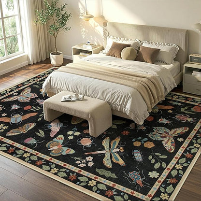 Lahome Insect Area Rugs 8x10, Non Slip Washable Rugs for Living Room 8x10 Rug, Soft Modern Bedroom Rug Under Bed Ultra-Thin Large Carpet for Dining Room Office Playroom Vionnet, Black