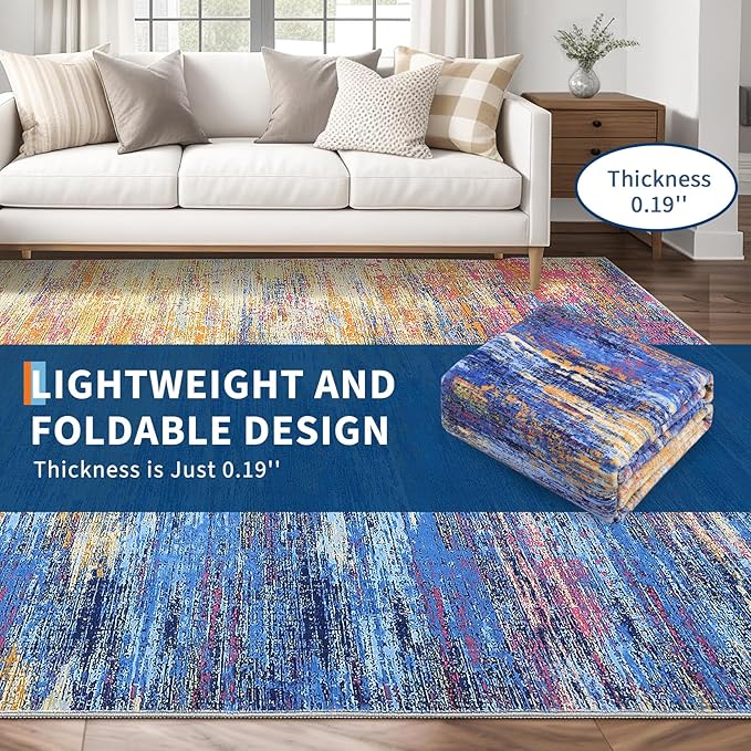 ROYHOME Modern Abstract Area Rug 4x6 Washable Rug for Living Room, Ultra Soft Rug for Bedroom, Non Slip Indoor Floor Carpet, Stain Resistant Rugs for Home Decor Office, Blue/Orange