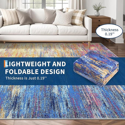 ROYHOME Modern Abstract Living Room Rug 8x10, Washable Area Rugs for Bedroom, Stain Resistant Non Slip Large Rug, Soft Indoor Carpet for Dining Room Table Home Decor, Blue/Orange