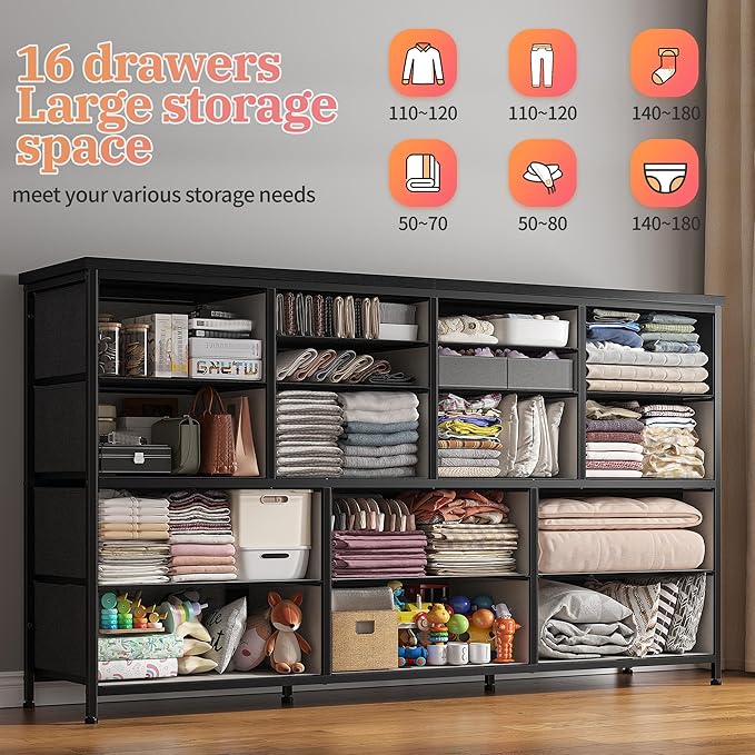 16 Drawers Long Dresser for Bedroom, 51"W Dressers with Power Outlets for 60"Inch TV for Living Room, Entertainment Center with Storage, Media TV Stand Console Table 51.1''W*11.8''D*34.8''H, Grey