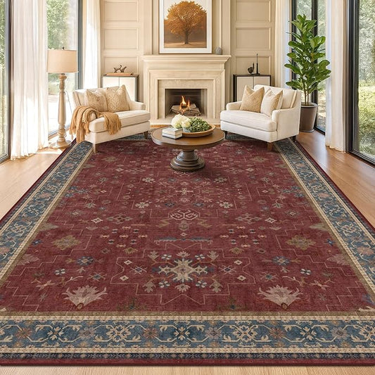 Hazo Haus Oriental 8x12 Large Area Rugs for Living Room - Burgundy Rug for Bedroom Under Bed, Dining Room Under Kitchen Table, Washable Soft Non Slip Unique Indoor Décor