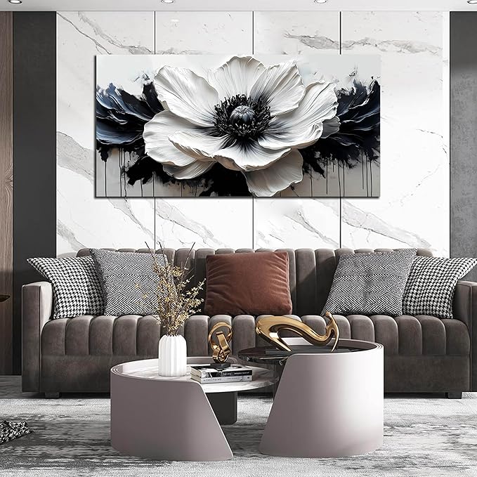 HUBOSKN Flower Canvas Wall Decor Living Room - Black and White Pictures Wall Art for Bedroom Women - Fashion Art Wall Decor Office Size 24" x 48"