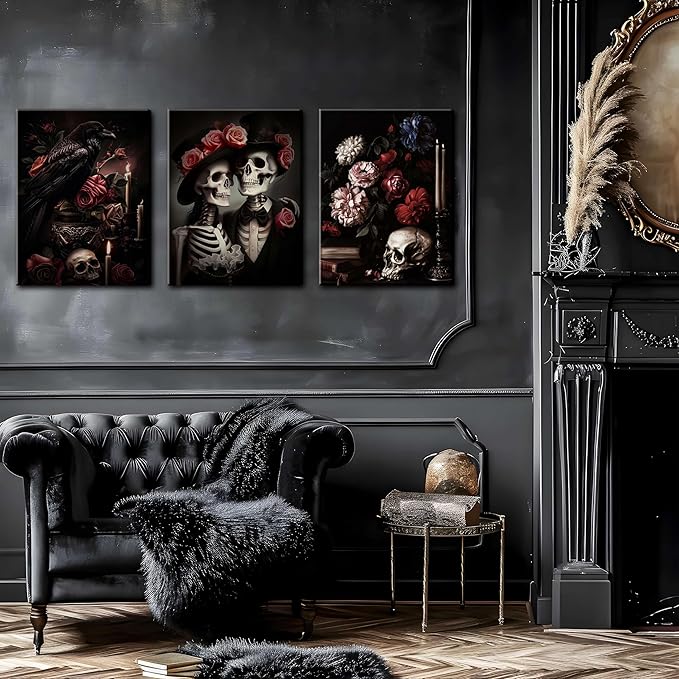 Gothic Canvas Wall Art Set of 3, Red Rose Skull Wall Decor Paintings, Dark Romantic Crow Goth Halloween Aesthetic Posters Prints for Bathroom, Living Room, Gallery, Home Decor 16x24Inch Framed