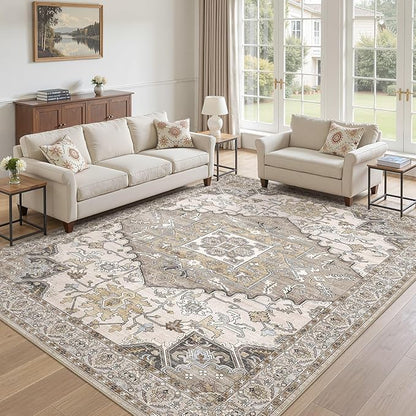 10x13 Washable Area Rugs for Living Room: Non Slip Vintage Brown Rug, Large Soft Stain Resistant Indoor Floor Carpets for Bedroom Dining Room Nursery Home Office Kid & Pet Friendly