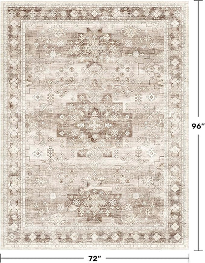 Washable Boho 6x8 Area Rug for Living Room - Vintage Beige Dining Room Rug Under the Table, Low Pile Non-Slip Rugs for Bedroom, Office - Charming Geometric Decor & Stain Resistance (6x8 Beige/Latte)