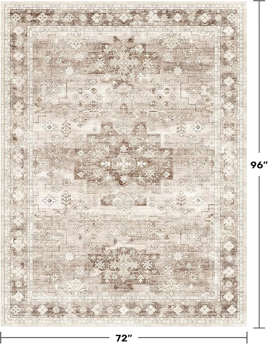 Washable Boho 6x8 Area Rug for Living Room - Vintage Beige Dining Room Rug Under the Table, Low Pile Non-Slip Rugs for Bedroom, Office - Charming Geometric Decor & Stain Resistance (6x8 Beige/Latte)