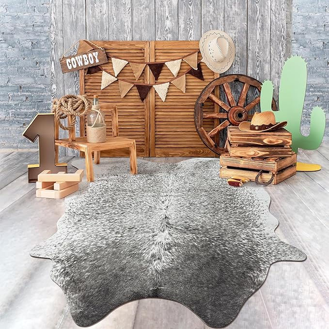 Washable Cowhide Rug for Living Room, Large 6x7 Grey Speckled Faux Cow Print Area Rugs, Non Slip Animal Skin Bedroom Carpet, Rustic Cabin Modern Farmhouse Home Decor Fake Hide Floor Mat
