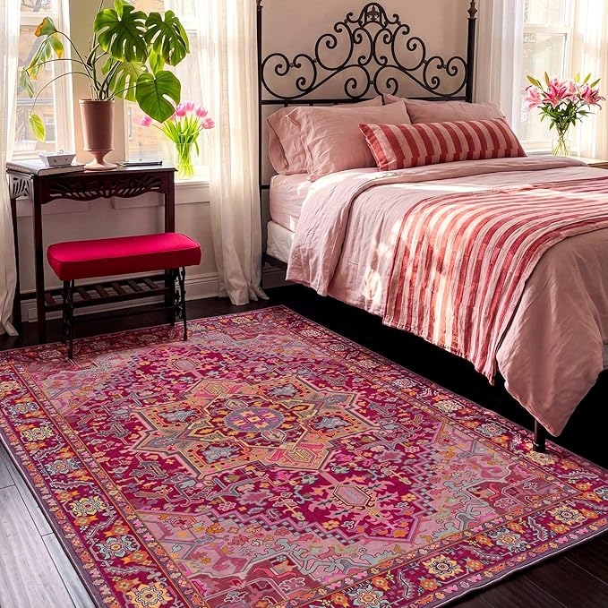 Kokia 6x9 Washable Magenta Hot Pink Area Rugs with Vintage Orient Design Soft Rug for Living Room or Home Office Non-Slip Low Pile Stain Resistance Features Distressed Medallion Pattern