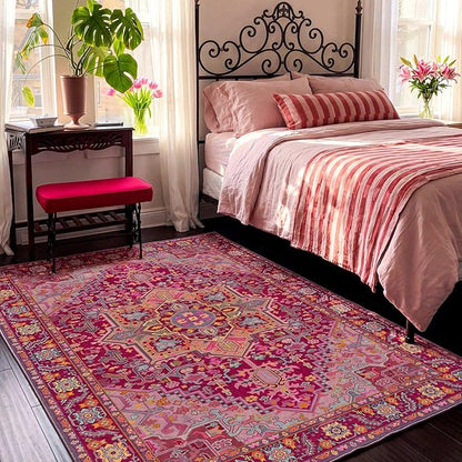Kokia 6x9 Washable Magenta Hot Pink Area Rugs with Vintage Orient Design Soft Rug for Living Room or Home Office Non-Slip Low Pile Stain Resistance Features Distressed Medallion Pattern