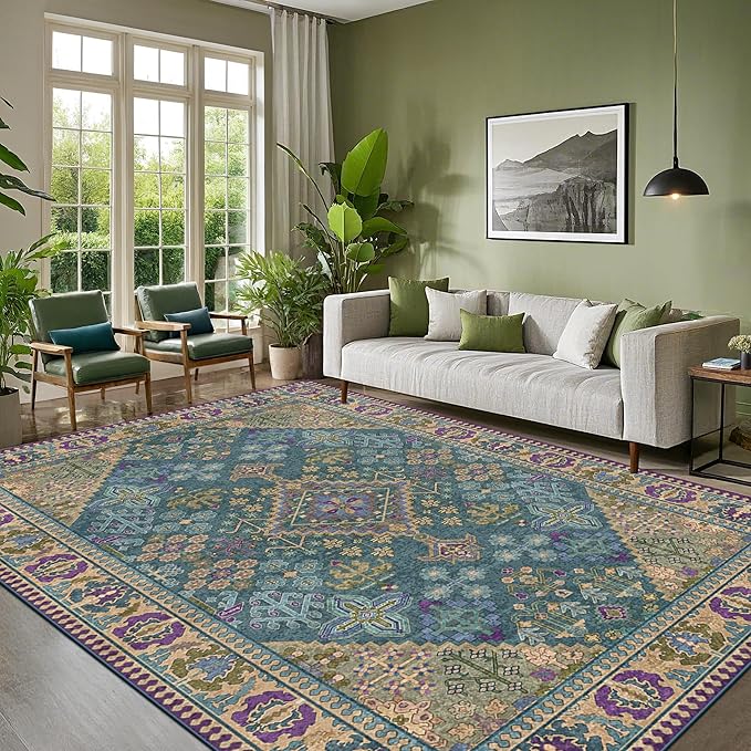 5x7 Area Rugs for Living Room, Machine Washable Low Pile Rug, Non Slip Backing Boho Rugs for Bedroom, Printed Soft Vintage Carpet Teal Green Purple 5 x 7