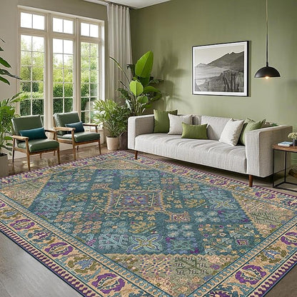 5x7 Area Rugs for Living Room, Machine Washable Low Pile Rug, Non Slip Backing Boho Rugs for Bedroom, Printed Soft Vintage Carpet Teal Green Purple 5 x 7