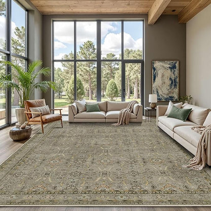 Rugxara 9x12 Area Rugs for Living Room Bedroom, Large Washable Rug, Vintage Floral Boho Rug, Non Slip & Low Pile Faux Wool Thin Carpet for Indoor Dining Room and Kids Room(Olive Brown 9x12ft)