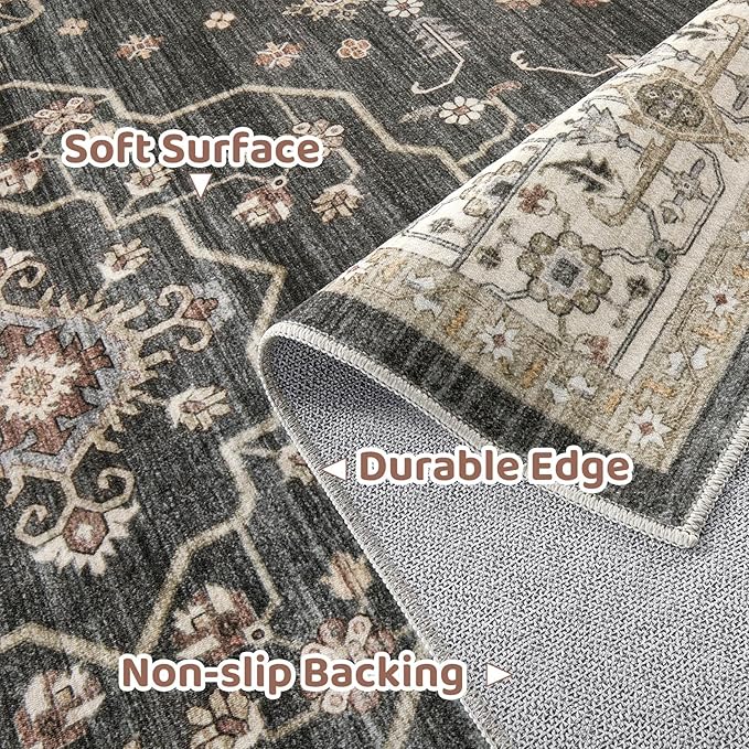 Area Rug for Living Room - 2x3 Soft Washable Oriental Vintage Floral Distressed Large Carpet - Fade Stain Resistant Non Slip Rugs for Bedroom Dining Room Nursery Dorm Office Home Decor - Black