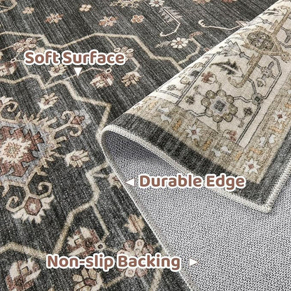 Area Rug for Living Room - 2x3 Soft Washable Oriental Vintage Floral Distressed Large Carpet - Fade Stain Resistant Non Slip Rugs for Bedroom Dining Room Nursery Dorm Office Home Decor - Black