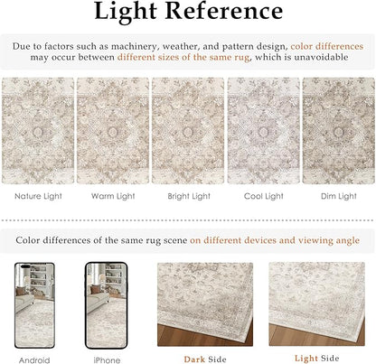 PureCozy Beige Runner Rug 2'6"x14' Washable Vintage Carpet Hallway Kitchen Soft Retro Low Pile Thin Indoor Bedroom Non Slip Oriental Medallion Long Throw Rug for Bathroom Laundry Dining Room