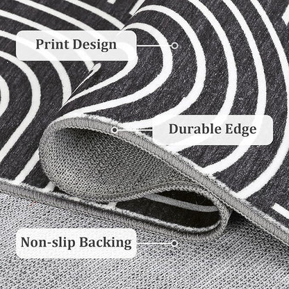 ROYHOME Washable Rug 9x12 Area Rugs for Living Room, Abstract Rug for Bedroom, Soft Rainbow Non Slip Throw Rugs with Rubber Back, Low Pile Stain Resistant Boho Geometric Carpet for Dining Room, Black