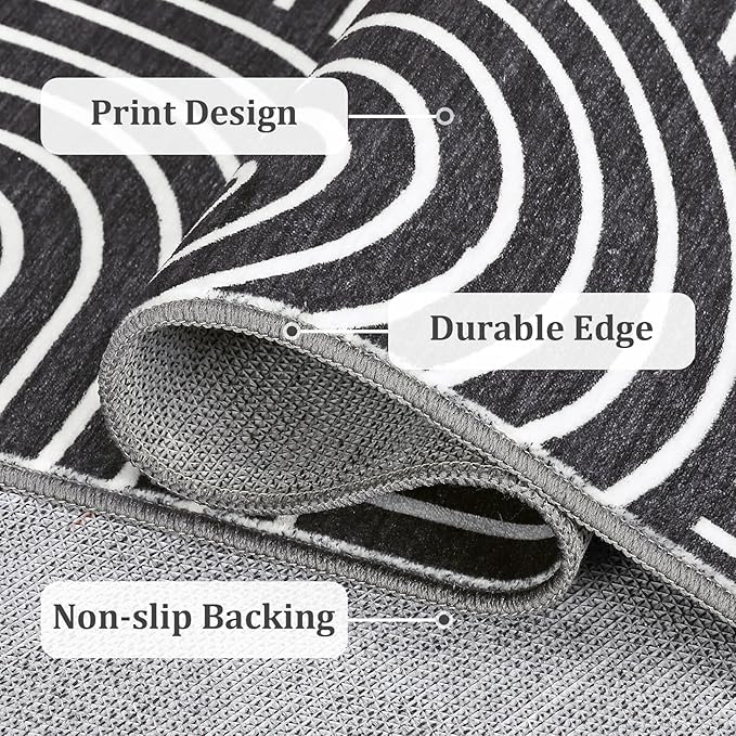 ROYHOME Washable Rug 3x5 Area Rugs for Living Room, Abstract Rug for Bedroom, Soft Rainbow Non Slip Throw Rugs with Rubber Back, Low Pile Stain Resistant Boho Geometric Carpet for Dining Room, Black