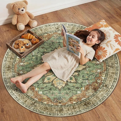 RELEANY Area Rugs Round 4ft Washable Non-Slip, Floral Vintage Distress Print Pattern Medallion Carpet for Living Room Bedroom Dining Room, Brick Red Rust Neutral Brown Burnt Orange Green
