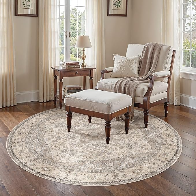 6FT Round Area Rugs for Living Room - Washable Neutral Vintage Distressed Farmhouse Large Soft Floor Rug Indoor Carpet for Bedroom Dining Room Office - Brown/Multi