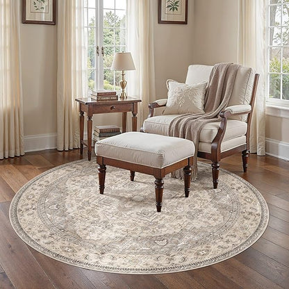 6FT Round Area Rugs for Living Room - Washable Neutral Vintage Distressed Farmhouse Large Soft Floor Rug Indoor Carpet for Bedroom Dining Room Office - Brown/Multi