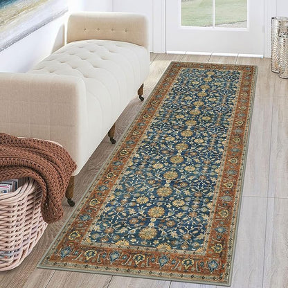 KUTA Vintage Washable Runner Rug, 2x6 Blue Terracotta Runners for Hallways Non-Slip Kitchen Rugs Ultra Thin Soft Printed Oriental Floral Floor Carpet for Laundry Bedroom Living Room Nursery