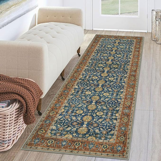 KUTA Vintage Washable Runner Rug, 2x6 Blue Terracotta Runners for Hallways Non-Slip Kitchen Rugs Ultra Thin Soft Printed Oriental Floral Floor Carpet for Laundry Bedroom Living Room Nursery