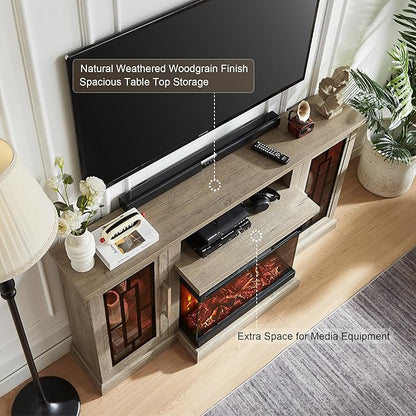 59 Inch LED TV Stand with 3-Side Glass Fireplace, Modern Media Entertainment Center Console Table for TVs up to 65 Inch with Adjustable Color, 24’’ Fireplace, Highboy, Grey Wash
