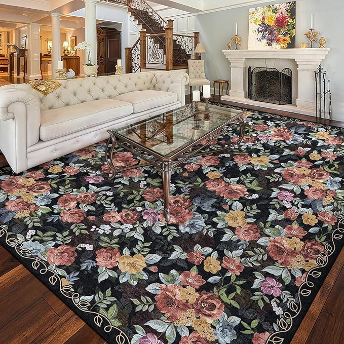8x10 Machine Washable Area Rug for Living Room, Dark Blue Black Vintage Boho Floral Rug Large Non-Slip Low Pile Soft Faux Wool Carpet Kids and Pets Friendly for Bedroom Dining Room Farmhouse Decor Rug