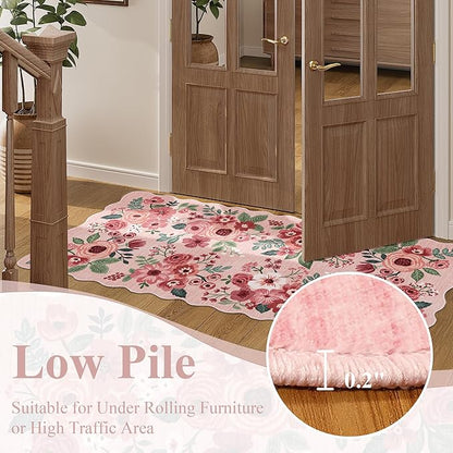 DUKINO 3x10 Washable Runner Rug, Non Slip Floral Ultra Soft Runner for Hallway, Lightweight Low Pile & Stain Resistant Long Throw Carpet for Kitchen, Bathroom, Entrance, Bedroom, Kids Room, Pink