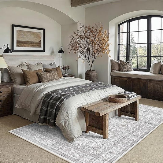 5x7 Gray Washable Area Rugs for Living Room Non Slip Low Pile Vintage Boho Throw Rug Soft Retro Distressed Floral Carpet Indoor Farmhouse Decor for Bedroom Dining Room Office Kitchen Playroom