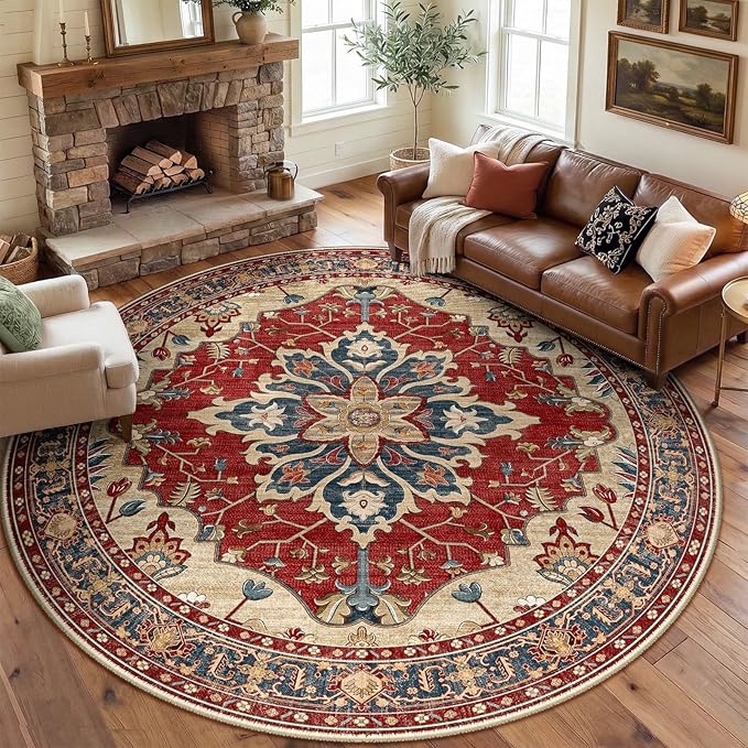 RELEANY Area Rugs Round 8ft Washable Non-Slip, Floral Vintage Distress Print Pattern Medallion Carpet for Living Room Bedroom Dining Room, Red Blue