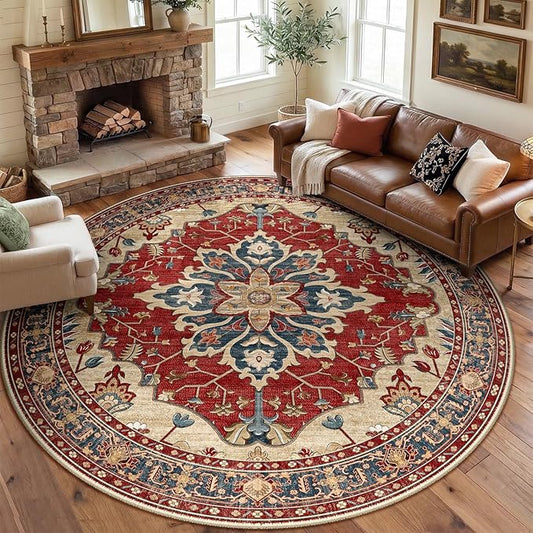 RELEANY Area Rugs Round 8ft Washable Non-Slip, Floral Vintage Distress Print Pattern Medallion Carpet for Living Room Bedroom Dining Room, Red Blue