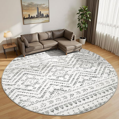 Miukiki Round Rugs 8ft Washable Moroccan Circle Rug for Living Room Non Slip Indoor Floor Carpet Foldable Area Rug for Dining Room with Low Pile(Grey,8'x8')
