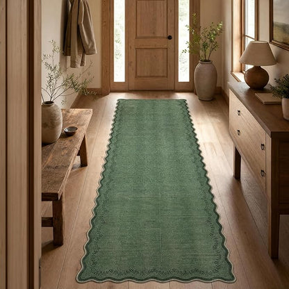 GarveeHome 2.6x10 Scalloped Washable Runner Rug for Kitchen, Soft Dark Green Long Hallway Runner Non Slip Entryway Rug Farmhouse Thin Laundry Mat Stain Resistant Carpet for Bathroom Beside Rug