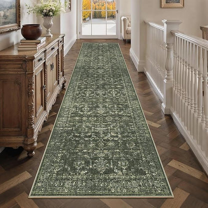 3x12 Green Runner Rug Hallway Washable Area Rugs Kitchen Vintage Boho Non Slip Long Rug Floral Carpet Indoor Retro Soft Low Pile Throw Rug for Bedroom Bathroom Laundry Dining Living Room Office