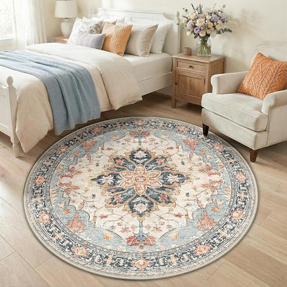 RELEANY Area Rugs Round 5ft Washable Non-Slip, Floral Vintage Distress Print Pattern Medallion Carpet for Living Room Bedroom Dining Room, Beige Navy Blue Orange Colorful