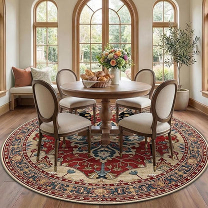RELEANY Area Rugs Round 7ft Washable Non-Slip, Floral Vintage Distress Print Pattern Medallion Carpet for Living Room Bedroom Dining Room, Red Blue