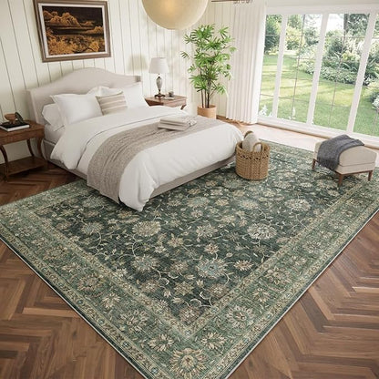 Washable 10x14 Area Rugs for Living Room, Boho Non-Slip Vintage Distress Large Rugs for Bedroom Dining Room Office, 0.3" Neutral Oriental Throw Thin Carpet, Sage Green/Multi, E1