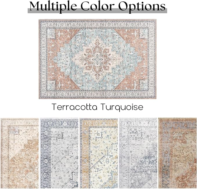BILEEHOME Bohemian Rug 5x7 for Living Room Washable Machine Weave Mid Century Modern Bright Colors Dynamic Colorful 70s Funky Vintage Area Rugs,Terracotta Rust Burnt Orange and Turquoise Blue