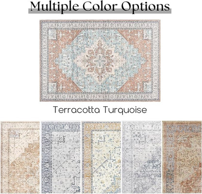 BILEEHOME Bohemian Rug 5x7 for Living Room Washable Machine Weave Mid Century Modern Bright Colors Dynamic Colorful 70s Funky Vintage Area Rugs,Terracotta Rust Burnt Orange and Turquoise Blue