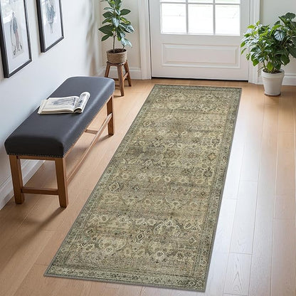 2x5 Runner Rug Machine Washable Boho Rug Runners for Hallway,Ultra-Thin Low Pile Rug,Lightweight Indoor Carpet,Non Slip Floral Runners for Enrtyway, Corridor, Home Office, Kitchen,Sage