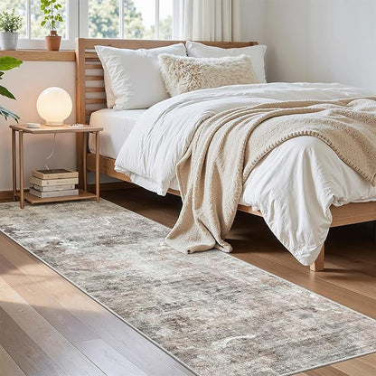 Soalmost Washable Runner Rug, 2'6" x 8' Non-Slip Kitchen Vintage Foldable 2.5x8ft Hallway Runners for Entryway, Laundry, Bedroom, Pink/Grey