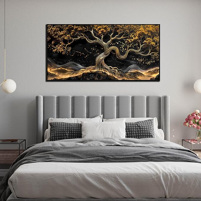 Black and Gold Canvas Wall Art for Living Room - Tree Wall Decor for Bedroom - Large Modern Framed Wall Art for Office Size 29" x 59"