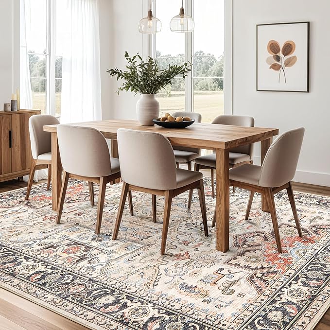 8x10 Area Rugs for Living Room - Large Carpet Ultra Thin Soft Washable Oriental Vintage Floral Distressed Big Indoor Carpets for Bedroom Nursery Dorm Home Decor Aesthetic - Multi