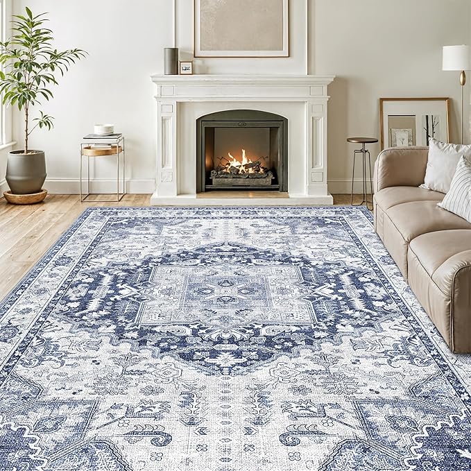 4x6 Area Rugs for Living Room, Machine Washable Non Slip Vintage Rug, Non-Slip Stain Resistant, Large Soft Home Decor Rug for Bedroom Dining Room (Navy/Blue,4'x6')