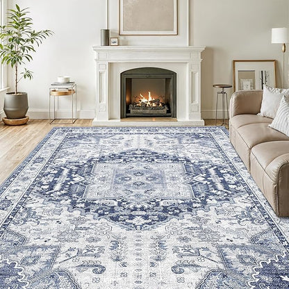 10x14 Area Rugs for Living Room, Machine Washable Non Slip Vintage Rug, Non-Slip Stain Resistant, Large Soft Home Decor Rug for Bedroom Dining Room (Navy/Blue,10'x14')