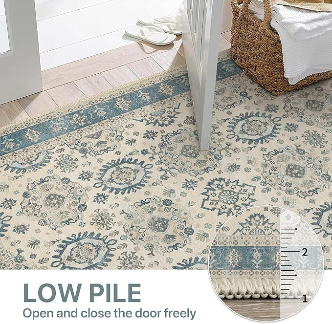 5x7 Area Rug Machine Washable Boho Rug for Living Room,Ultra-Thin Low Pile Carpet,Lightweight Indoor Printed Rug,Non Slip Floral Area Rug for Bedroom, Dining Room, Home Office,Blue